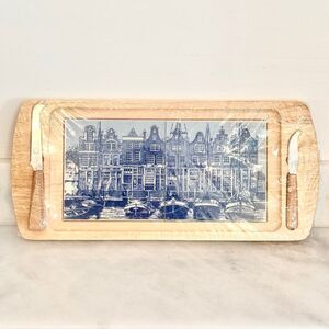 New Wrapped Amsterdam Delft Blue Ceramic Tile Wooden Cutting Cheese Board Knives